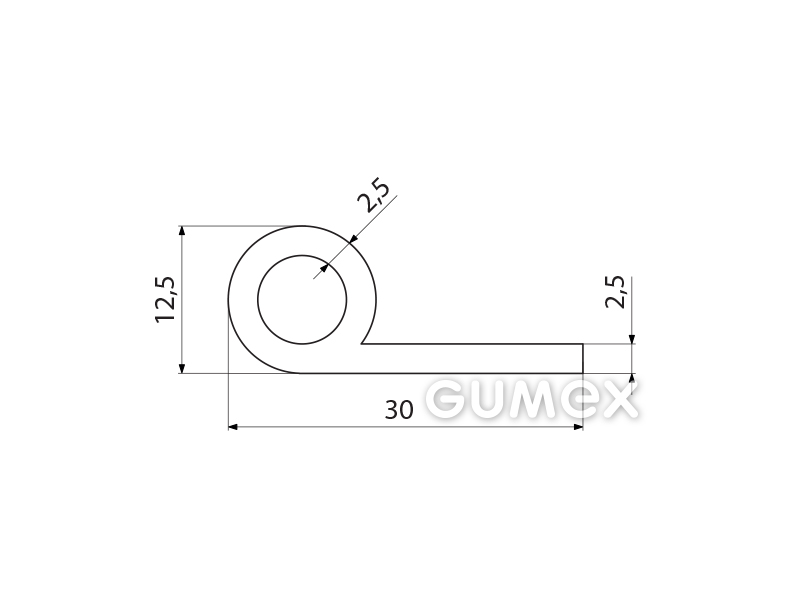 Silikonový profil tvaru "P" s dutinkou, 30x12,5/2,5mm, 60°ShA, -60°C/+250°C, bílý